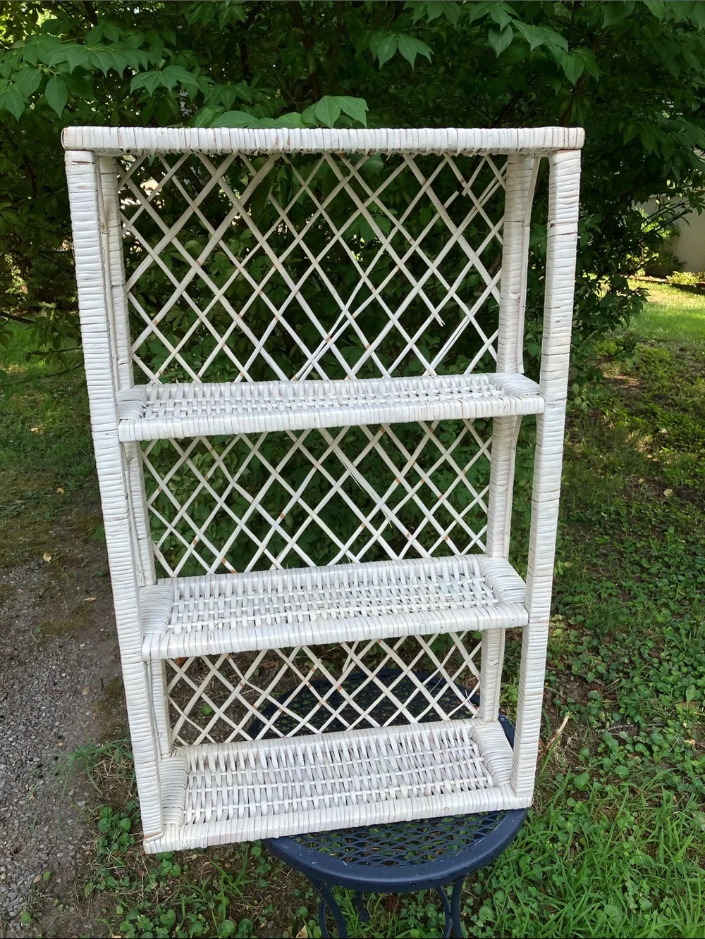 Large Vintage Shabby Chic White Wicker Three-Tier Wall Shelf or Tabletop